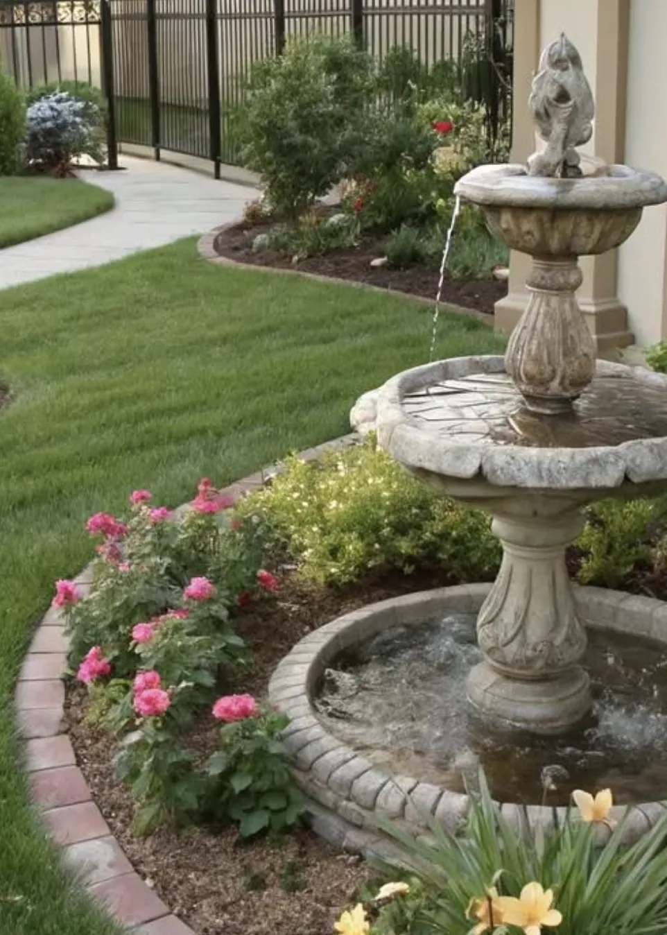 Two-tier stone fountain with a bird figure on top, ringed by brick edging and blooming roses