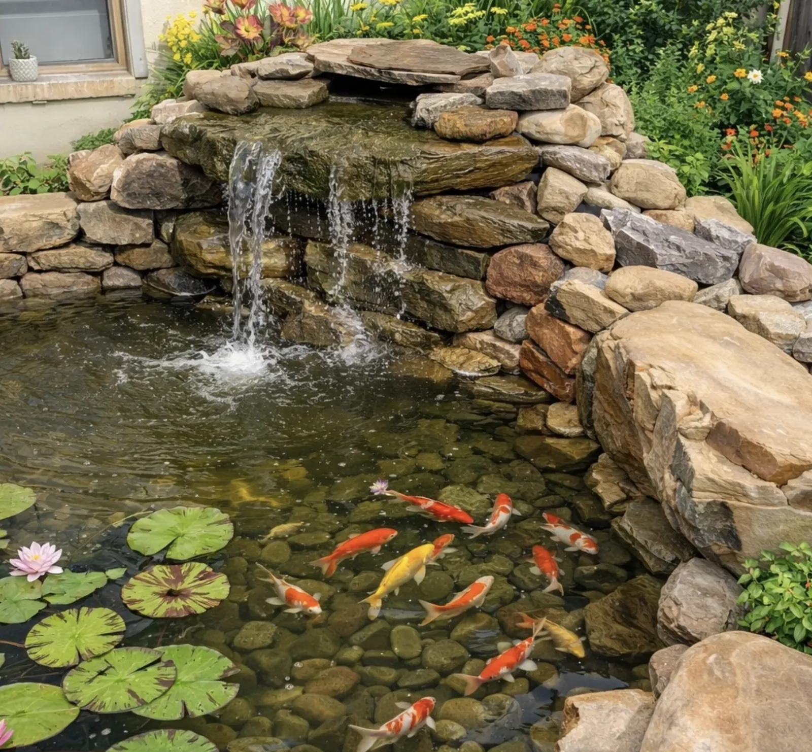 Koi swimming in a clear pond with a stacked stone waterfall and blooming water lilies