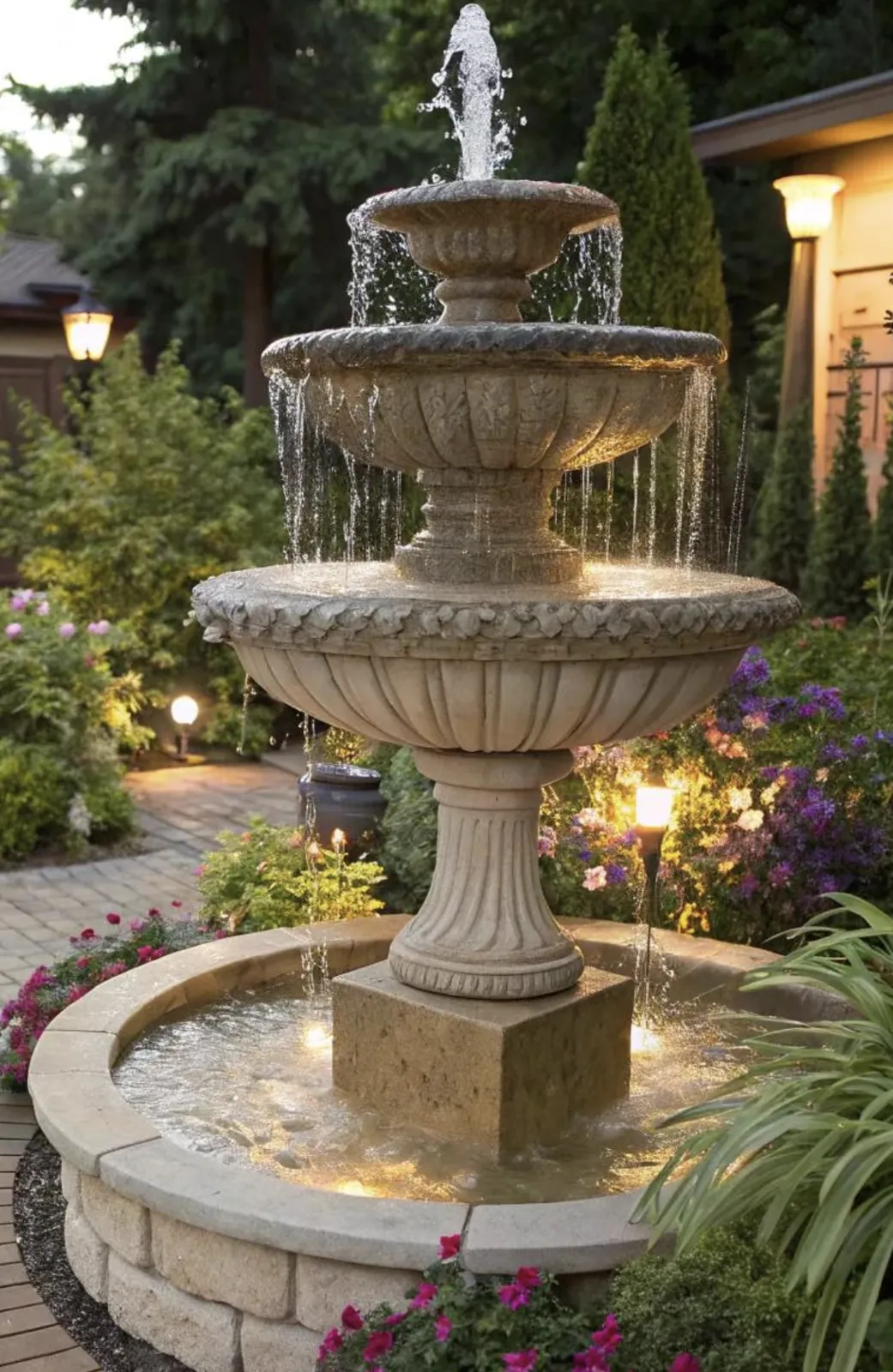 Three-tier stone fountain glowing under warm landscape lighting in a flower garden at dusk